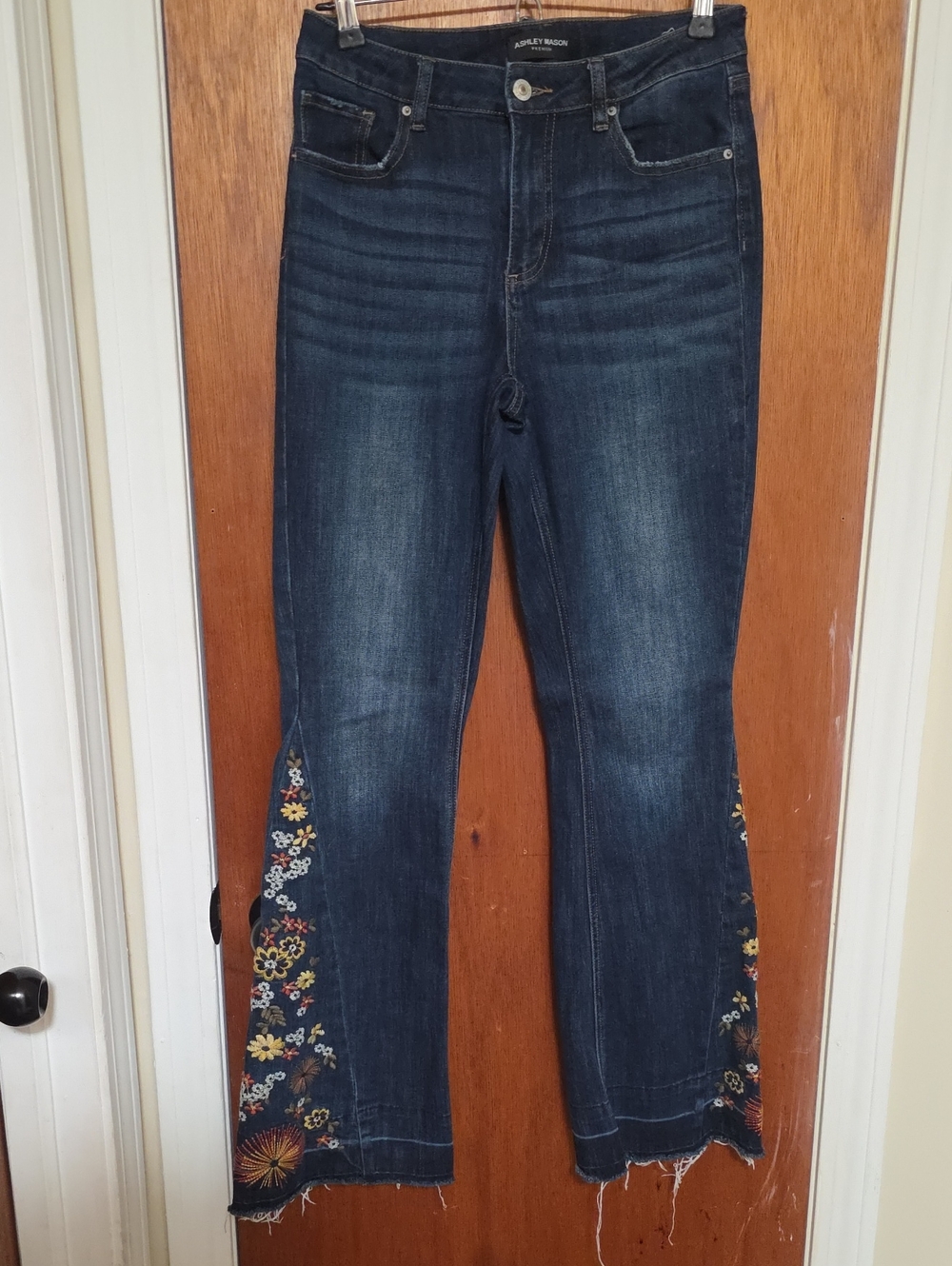 Ashley Mason Dark Blue Denim Flare Jeans with Multicolor Floral Embroidery
